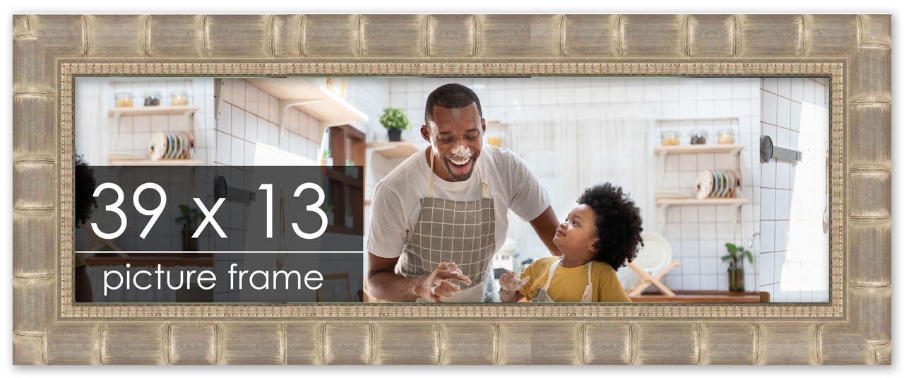 39x13 Silver Wide Bamboo Picture Frame - UV Acrylic, Foam Board Backing, Hanging Hardware